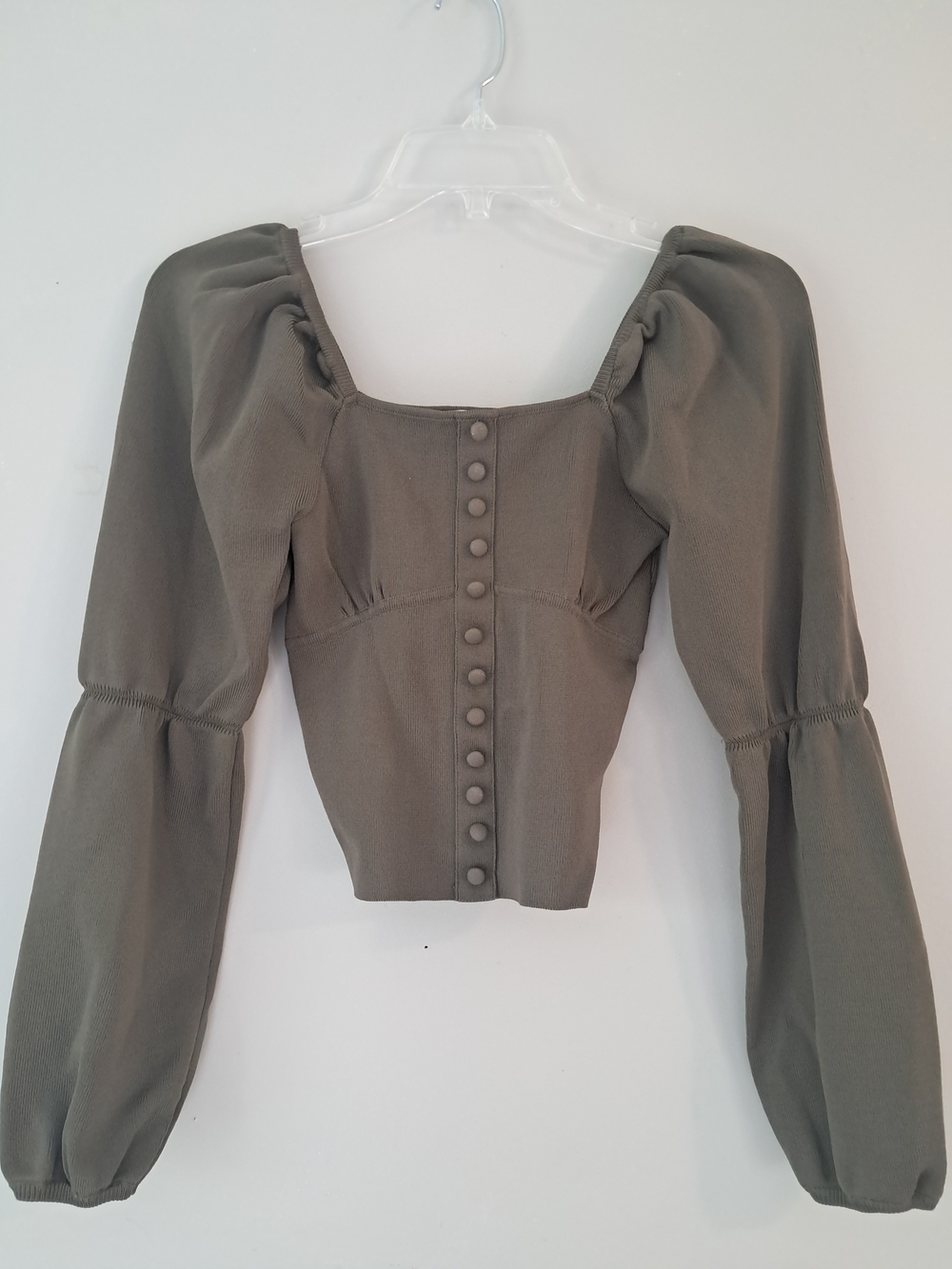Zara Olive Puff Sleeve Square Neck Crop Top with Covered Buttons